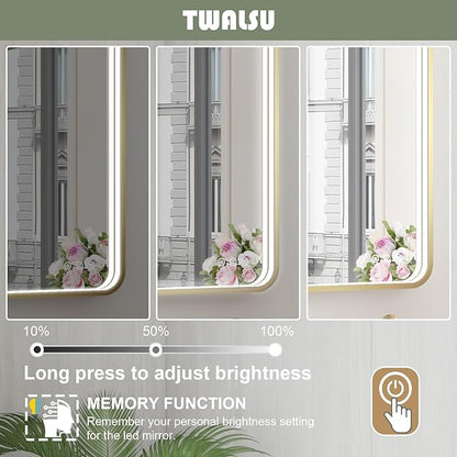 LED Bathroom Mirror with Lights, 32x32 Inch Gold Metal Framed LED Mirror for Bathroom, 3 Colors and Stepless Dimmable Wall Mounted Lighted Bathroom Vanity Mirror, Anti-Fog, Memory