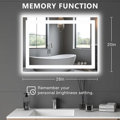 DUMOS 28"x 21" LED Bathroom Mirror with Lights, Dimmable Anti-Fog Front Lit Backlit Lighted Wall Mounted Rectangle for Vanity Makeup Memory Function Tempered Glass Shatter-Proof Horizontal&Vertically