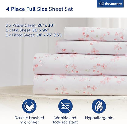 DREAMCARE Full Size Bed Sheets - Luxurious Floral Full Sheet Set - 4 Pc Ultra Soft Breathable Wrinkle Free Brushed Microfiber Floral Blossom