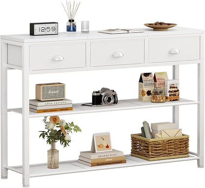 Furologee White Entryway Table, 38'' Console Sofa Table with 3 Fabric Drawers, Industrial Entry Way Table with Storage Shelves, Display Shelf for Living Room, Hallway, Entrance, Foyer