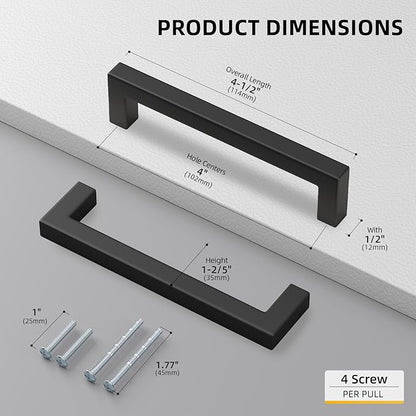 Goldenwarm 1 Pack Black Square Bar Cabinet Pull Drawer Handle Stainless Steel Modern Hardware for Kitchen and Bathroom Cabinets Cupboard, Center to Center 4in(102mm)
