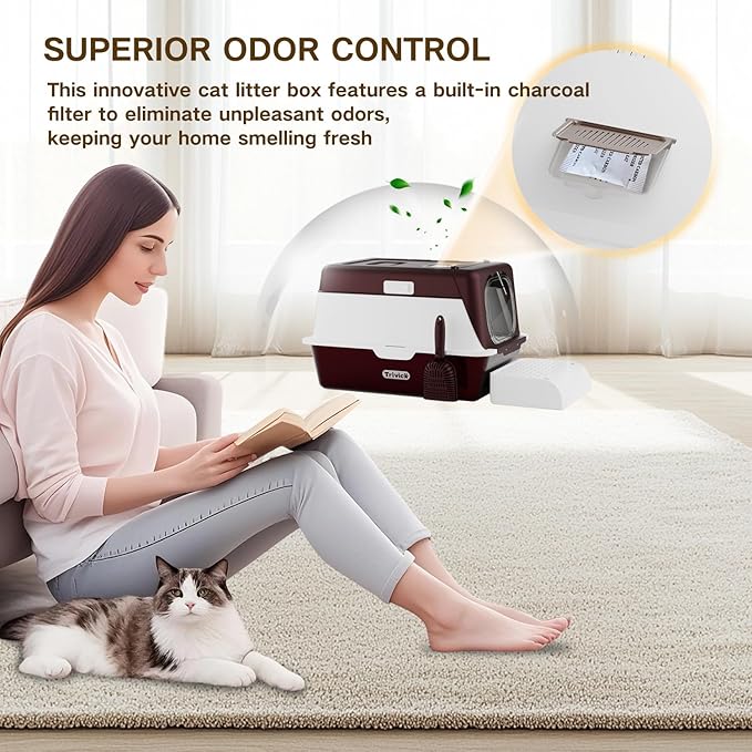 XX-Large Stainless Steel Cat Litter Box with Lid – Fully Enclosed Large Litter Box for Big Cats, Odor Control with Magnetic Door, Easy Clean, Multi-Cat Durable Metal Pan (Burgundy)-Mewly Pet