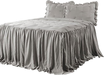 Lush Decor Ravello Pintuck Ruffle Skirt Bedspread Set - Luxe 3 Piece Ruffled Bedding Set - Traditional Glam & Farmhouse Inspired Bedroom Decor - Queen, Light Gray