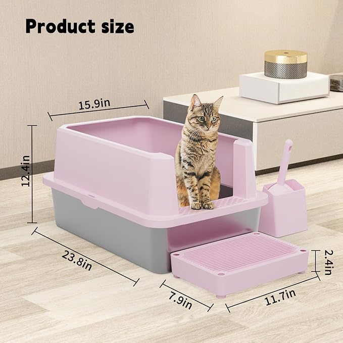 RIZZARI Stainless Steel Cat Litter Box, Semi-Closed Litter Box with High Edges, Large Odorless Litter Pan with for Small to Large Cats (Pink, 1 Pack)-Mewly Pet