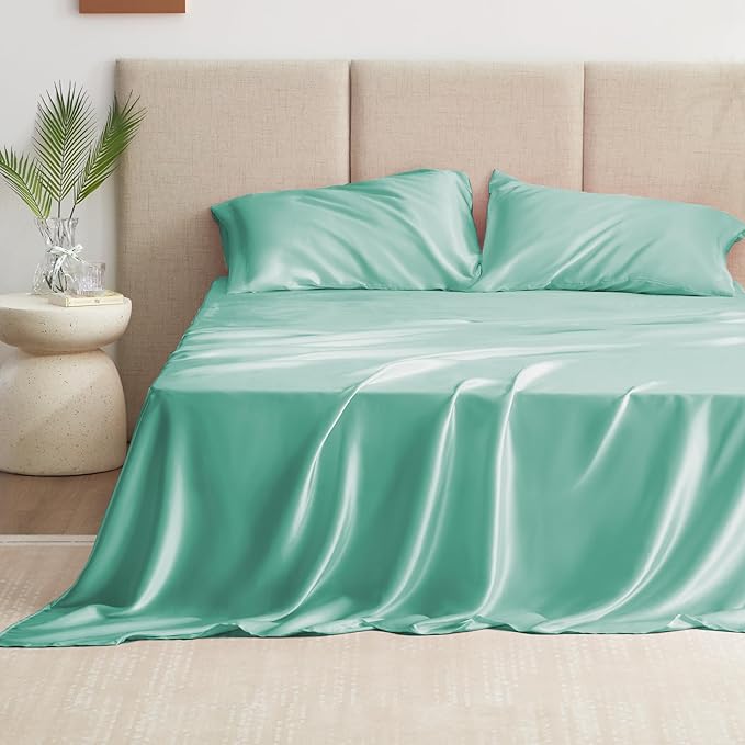 Love's cabin Twin Satin Sheets Sets - 3 Piece Aqua Silky ed Sheets with Deep Pockets, Luxury Silk Feel Satin Twin Size Sheet Set Bedding Set (1 Flat Sheet,1 Fitted Sheet,1 Pillow case)