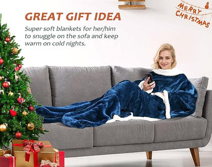 Catalonia Sherpa Wearable Blanket with Sleeves & Foot Pockets for Adult Women Men, Comfy Snuggly Wrap Sleeved Throw Blanket Robe, Gift Idea, Blue