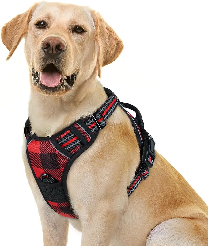 rabbitgoo Dog Harness No Pull with 2 Leash Clips, Adjustable Soft Padded, Reflective Oxford No Choke Pet Vest with Easy Control Handle for Large Dogs, Red Plaid, L-Mewly Pet