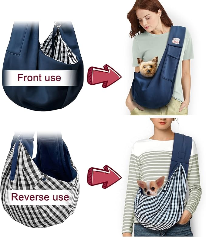 Pet Dog Sling Carrier for 3-10 lbs pet,Dog Purse Pouch,Dog Satchel,Reversible unadjustable Strap Travel Hand-Free Safe Bag Small Puppy Backpack (Dark Blue)-Mewly Pet