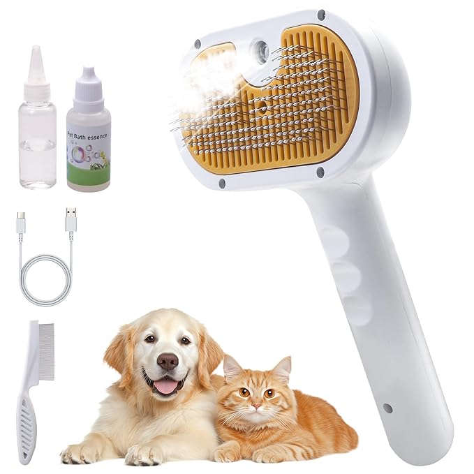 Pet Steam Brush for Cats and Dogs, 4 in 1 Spray Depilatory Comb, Cat Brush with Self-cleaning and Massage Functions Perfect for Long-haired and Short-haired Pets-Mewly Pet