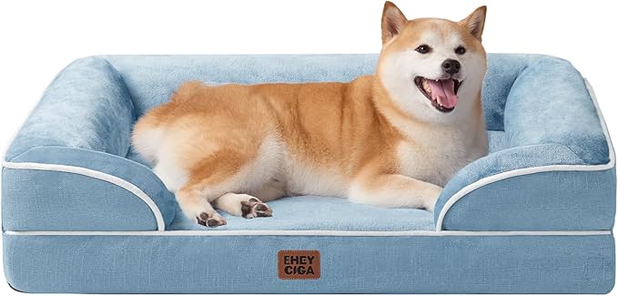 EHEYCIGA Orthopedic Dog Beds for Large Dogs, Waterproof Memory Foam Large Dog Bed with Sides, Non-Slip Bottom and Egg-Crate Foam Pet Couch Bed with Washable Removable Cover, Washed Blue-Mewly Pet