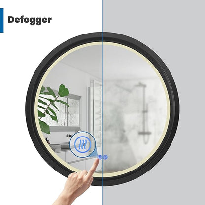 Fab Glass 32 Inch Front Lit LED Circle Vanity Bathroom Mirror, Anti-Fog Dimmable Touch & 3 Color Modes Round Framed LED Mirror 32" L X 32" W Black