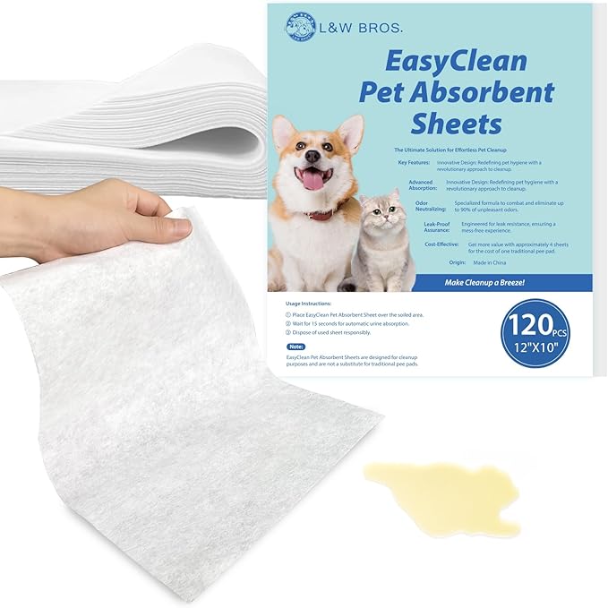 L&W BROS. Easy Clean Pet Quick Absorbent Sheets – Innovative Solution for Mess-Free Cleanup Not Traditional Pee Pads, 12"x10" for Urine and Pet Stain & Odor Remover (50 PCS)-Mewly Pet