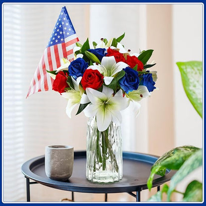 Hotop 20 Pcs Artificial Flowers Velvet Realistic Roses and Latex Lilies Flowers Bouquet Decorations Arrangements for Home Table Centerpieces Independence Day(Red,Blue,White)