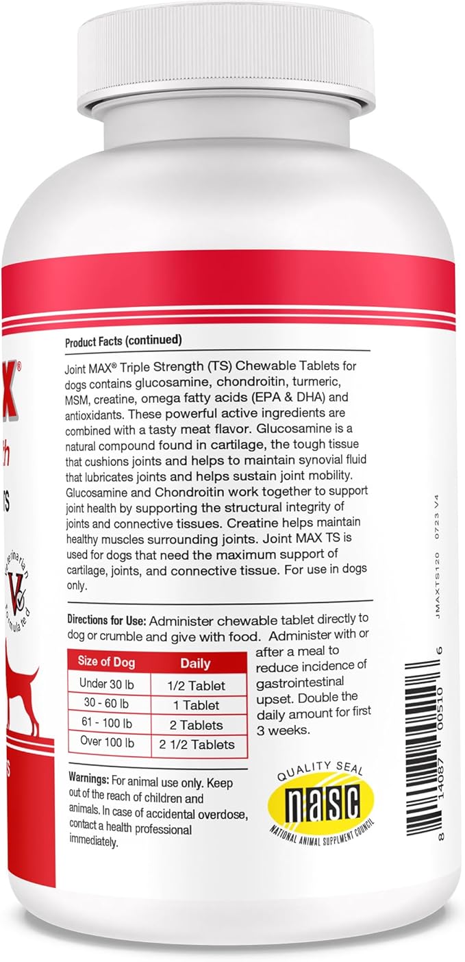 PHS Joint MAX Triple Strength (TS) Chewable Tablets for Dogs - Glucosamine, Chondroitin, MSM - Vitamins, and Antioxidants - Hip and Joint Pain Relief and Support Supplement - Made in USA - 120 Tablets-Mewly Pet