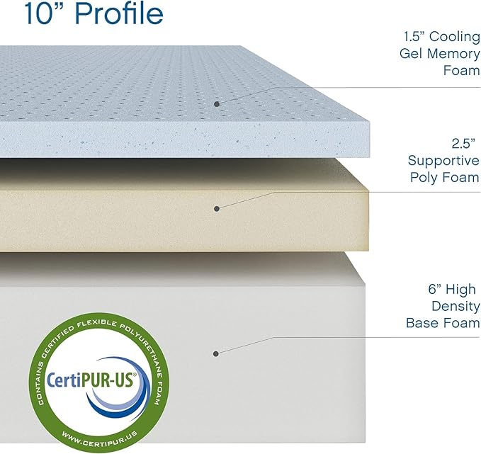 Cool Gel 10 Inch Queen Memory Foam Mattress Medium Firm, Memory Foam Mattress Queen Size Cooling, Made in the USA, 10" Depth with Pressure Relief, CertiPUR-US Certified No Fiberglass, CoolGel Bed