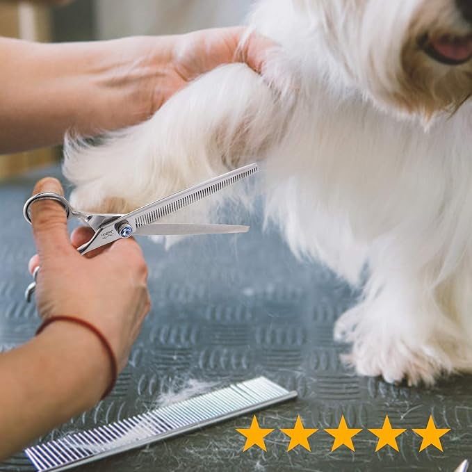JASON 7.5" 56-Tooth Blending Dogs Grooming Scissors Cats Thinning Shears Pets Blender Thinner Trimming Texturizing Kit with Offset Handle Blue Jewelled Screw (7.5 Inch)-Mewly Pet