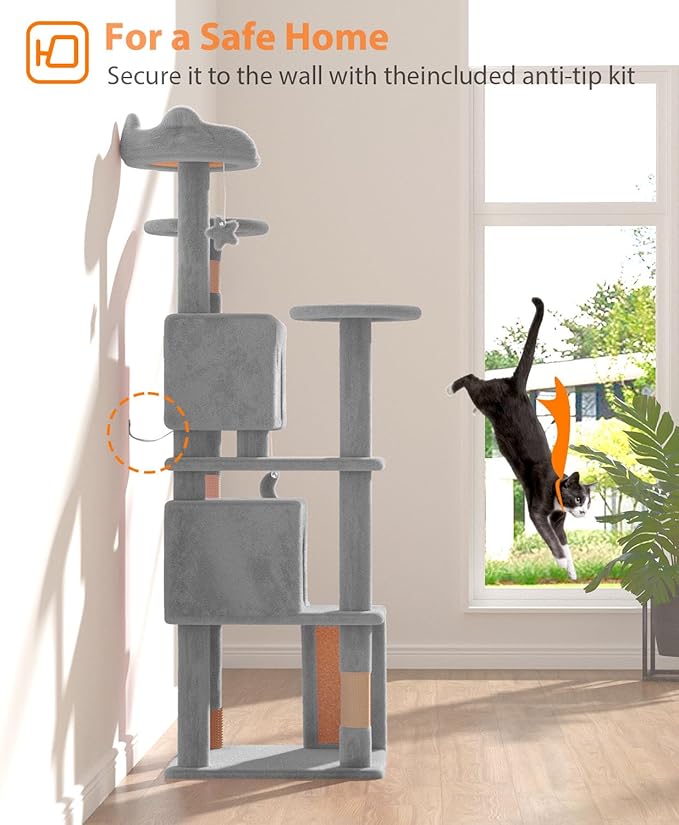 60'' Cat tree Tower for Indoor Cats Large Adult,Cute/Tall Modern Cat Tree for Big Cats 20 lbs,Plush Multi-Level Cat Condo with Scratching Posts,Dangling Ball for fun play(Light Gray, 60 inch)-Mewly Pet