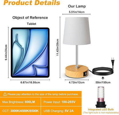Ascher Small Bedside Table lamp Set of 2, RGB Color Changing Lamps, 3 Color Temperatures, Stepless Dimmable, Nightstand Lamp with USB C+A Ports for Bedroom Living Room, (White Shade, Wood Grain Base)