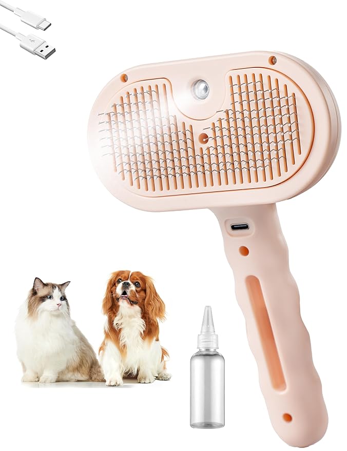 Pet Grooming Steam Brush, Pet Spray Hair Removal Comb, Anti-Static, Rechargeable, Comfortable Grip, for Dogs & Cats, Spray Hair Removal Comb, Steam Brush for Shedding & Grooming, Pink-Mewly Pet