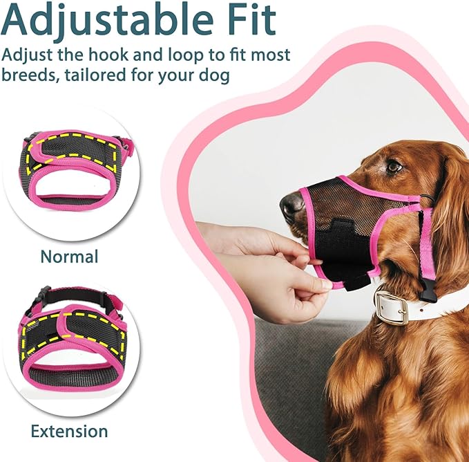 LUCKYPAW Dog Muzzle, Mesh Muzzle for Large Medium Small Dogs, Soft Mouth Guard for Biting Chewing, Breathable Mouth Guard with Adjustable Strap for Training(Hot Pink, XS(Snout:6.5"-7.5"))-Mewly Pet