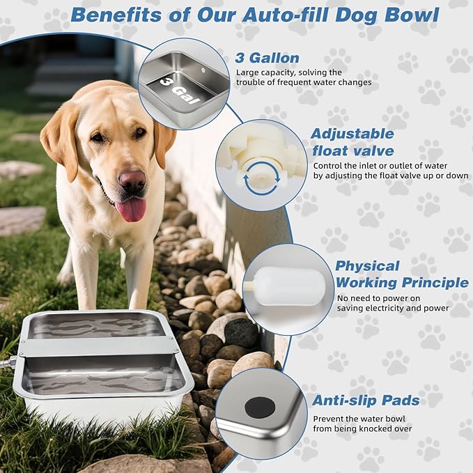 YUEPET 3 Gallon Auto Dog Water Bowl Dispenser Outside Automatic Water Dispenser for Large Dogs Stainless Steel Auto-Fill Dog Waterer Feeder with Float Valve for Pets Indoor Outdoor Use-Mewly Pet