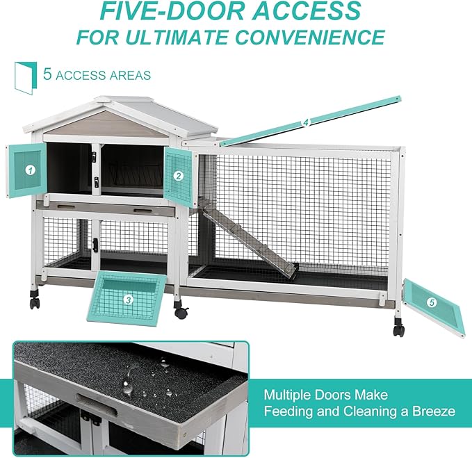2-Tier Rabbit Hutch with Wheels, Indoor & Outdoor Small Animal Cage with Deep Pull-Out Tray, Anti-Chew Frame, Habitat for Bunny, Guinea Pig, Chinchilla (60" L x 19" W x 35" H)-Mewly Pet