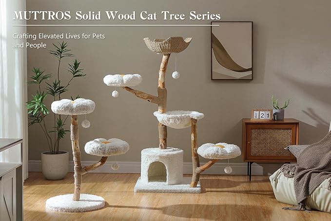 Wood Flower Cat Tree, Modern Cat Tower with Real Wood Branches, Luxury Boho Furniture with Scratching Post and 2 Perches, Cat Climbing Tower for Indoor Cats, Cloud White-Mewly Pet