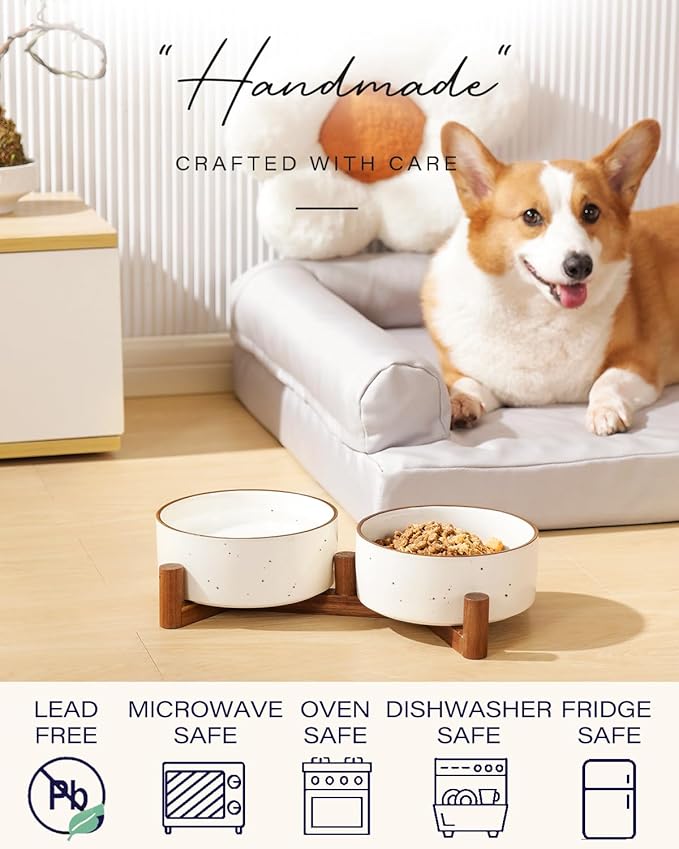 Getstar Ceramic Dog Bowls with Acacia Wood Stand, 30 fl oz, Set of 2, Dog Food Bowl with Colored Rim-Mewly Pet