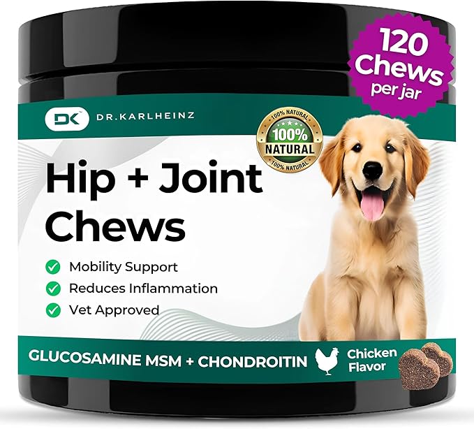 Glucosamine for Dogs - Max Strength Hip and Joint Supplement for Dogs - MSM, Chondroitin, Hemp Oil, Turmeric - Mobility Support and Pain Relief - 120 Chewable Tablets (Chicken Flavor)-Mewly Pet