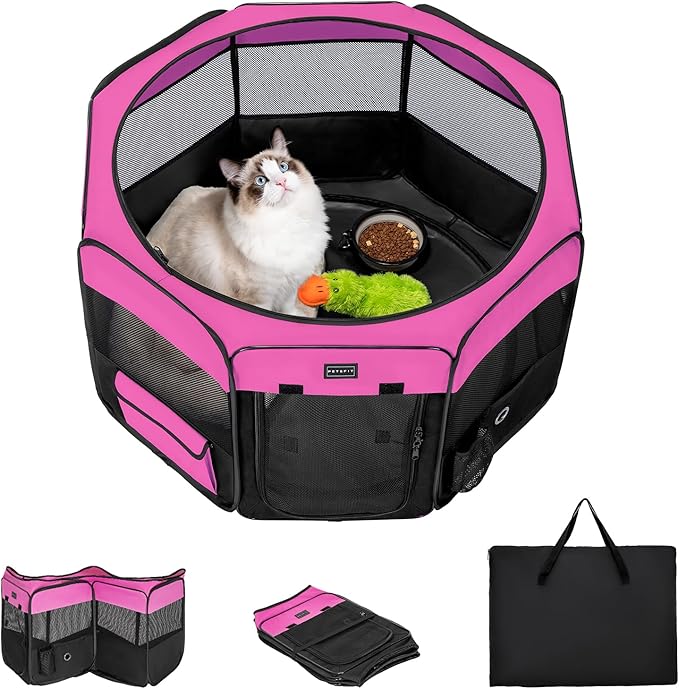 PETSFIT 29" Puppy Playpen with Removable Waterproof Mat & Zippered Roof | RV, Camping, Travel Dog Pen | Indoor/Outdoor Whelping & Cat Observation Space(29.5"x29.5"x16.5"H)-Mewly Pet