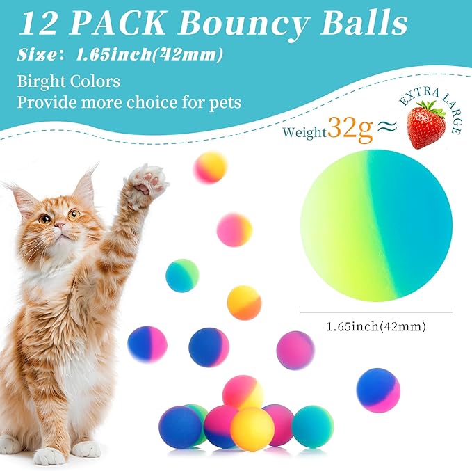 Cat Toy Bouncy Balls, 12 Pack 1.65 Inch High Elasticity Bouncing Balls for Cats, Colorful Interactive Pet Toy Gift for Puppy Kitty Indoor Play and Exercise-Mewly Pet