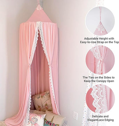 Princess Bed Canopy Mosquito Net for Kids Baby Crib, Round Dome Kids Indoor Outdoor Castle Play Tent Hanging House Decoration Reading Nook Cotton Canvas,Pink