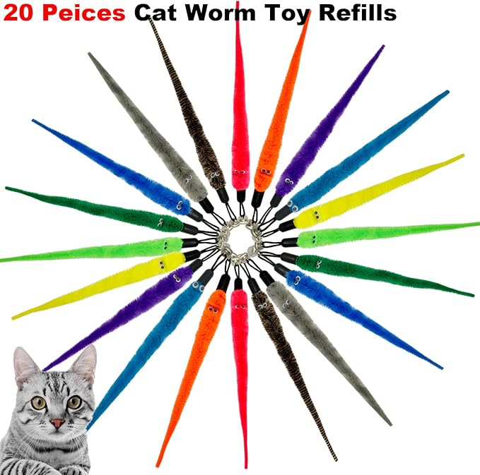 Cat Worm Toy Refills, 20 Pieces Cat Wand Attachments Worms Toy for Indoor Cats (A)-Mewly Pet