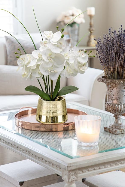 Artificial White Phalaenopsis Orchid Flower Arrangements Faux Orchid Flower in Gold Pot Orchid Centerpiece for Dining Room Table