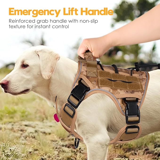 Heavy-Duty Tactical Dog Harness for Large Dogs, No Pull Adjustable Reflective Pet Vest with Molle System, K9 Military-Grade Control for Service Training, Outdoor & 10+ Breeds, Khaki Camo, Small-Mewly Pet
