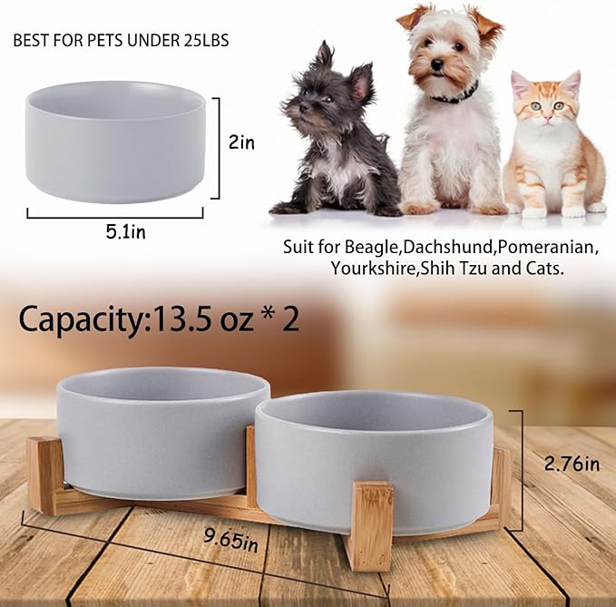 Petygooing Ceramic Dog Bowl Set with Wood Stand, Grey, 13.5OZ/5.1 in, Suitable for Cats & Small Dogs-Mewly Pet