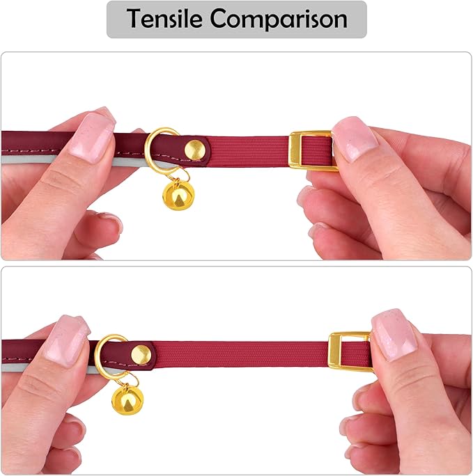 OOPSDOGGY Rolled Leather Cat Collar with Bell - Reflective Kitten Collar with Safety Elastic Strap - Adjustable Small Pet Collars for Boy Girl Cats (Burgundy)-Mewly Pet