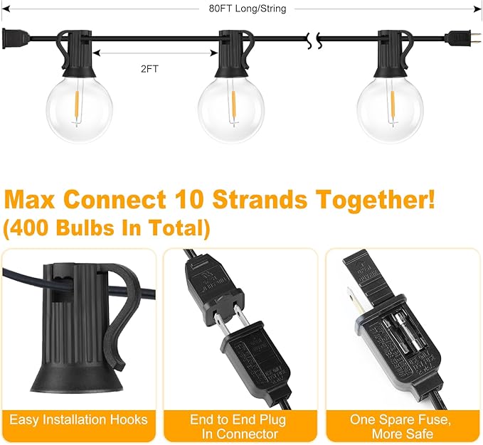 80FT Outdoor G40 LED Globe String Lights Dimmable Waterproof Shatterproof Light Strings with 40 Bulbs Connectable Commercial Hanging Lights for Christmas Patio House Backyard Balcony Party