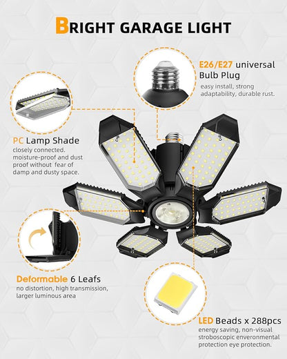 Adiding LED Garage Light, Bright 10000 Lumen LED Workshop Basement Lighting Fixture with Adjustable Spotlight and 6 Deformable Panels fit for E26 E27 Bulb Socket for Warehouse Attic Cellar Workspace