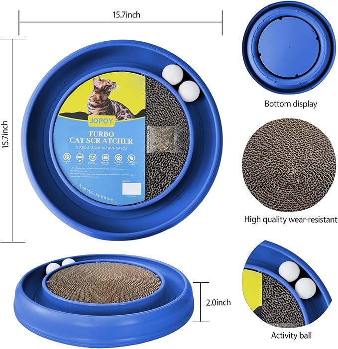 Interactive Cat Scratcher with Two Rotating Balls,Durable Scratch Pad for Indoor Play,Cardboard Cat Scratcher Pad with Cat Toy Ball Track and Catnip,2-in-1 Cat Toy (Blue)-Mewly Pet