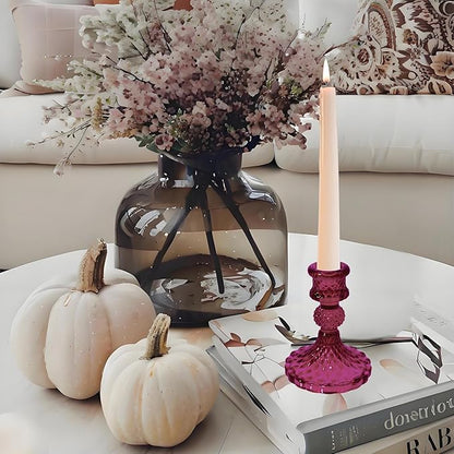 Glass Candlestick Holder,Striped Taper Candle Holders,Set of 6 Candle Stand for Table Centerpieces, Home Decor,Weddings,Festival and Parties (GCH002-Purple Dimond)