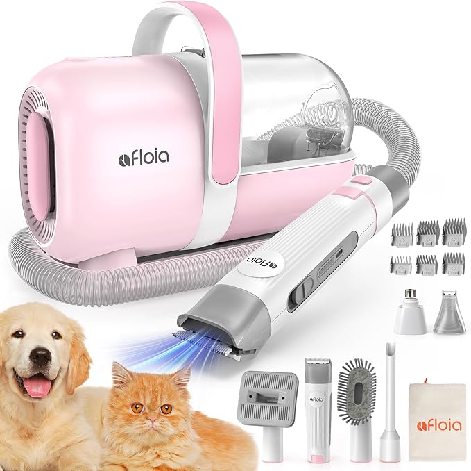 Afloia 6-in-1 Dog Grooming Kit, Pet Grooming Vacuum for Shedding, Dog Hair Vacuum with Clipper Nail Trimmer Grinder, Pet Brush Groomer at Home, Low Noise Cats Hair Remover, 1.5L Dust Cup, Pink-Mewly Pet