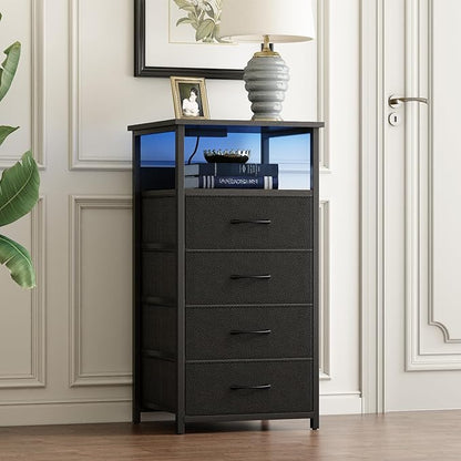 Fixwal Night Stand with Charging Station, Tall Nightstand with U-S-B Ports and Outlets, 4 Fabric Storage Drawers with PU Finish, Small Dresser Bed Side Table, Black