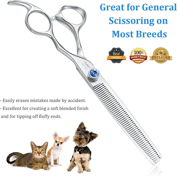 JASON 7" 50 Teeth Thinning Dog Grooming Blending Scissor, Ergonomic Pet Grooming Thinner Blender Shears Cat Trimming Texturizing Kit with Offset Handle and a Jewelled Screw, 30% Thinning Rate-Mewly Pet