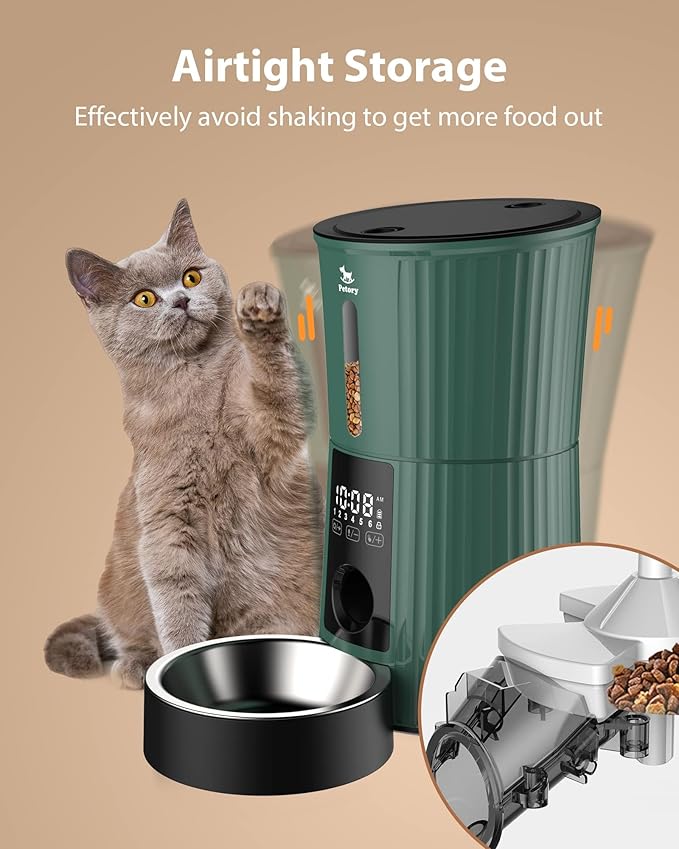 Petory Timed Automatic Cat Feeders - 4L Programable Dry Food Dispenser for Cats and Small Medium Dogs 6 Meals with Desiccant Bag Dual Power Supply 10S Voice Recorder-Mewly Pet
