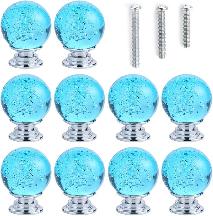 IEIK10 PCS Crystal Cabinet Knobs Azure Blue Round Glass Bubbles Knobs Smooth Drawer Pulls Handle for Home, Cabinet, Drawer and Dresser with 3 Different Size Screws, 30MM (Aqua Blue)
