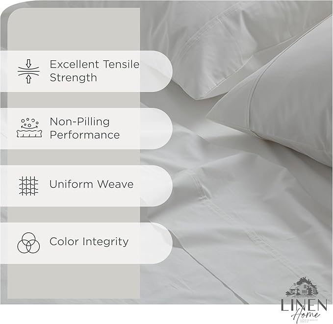 Linen Home 100% Cotton Percale Sheets Queen Size, White, Deep Pocket, 4 Pieces Set - 1 Flat, 1 Deep Pocket Fitted Sheet and 2 Pillowcases, Crisp Cool and Strong Bed Linen