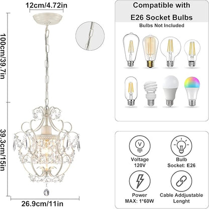 Small Crystal Chandelier for Bedroom, 90% Pre-Assembled 1 Light White Chandelier, Mini Acrylic Crystal Ceiling Light Fixture Charming for Girls Room, Closet, Bathroom, Entryway, Dining Room