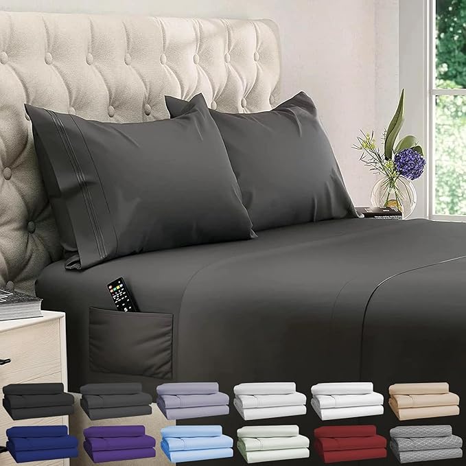 DREAMCARE Twin XL Sheet Sets - 4pc Cooling Sheets XL Twin Sheets - Twin XL Sheets up to 21” Deep Pocket – Hotel Luxury Extra Long Bed Sheets 100% Brushed Microfiber with Side Pocket - Gray