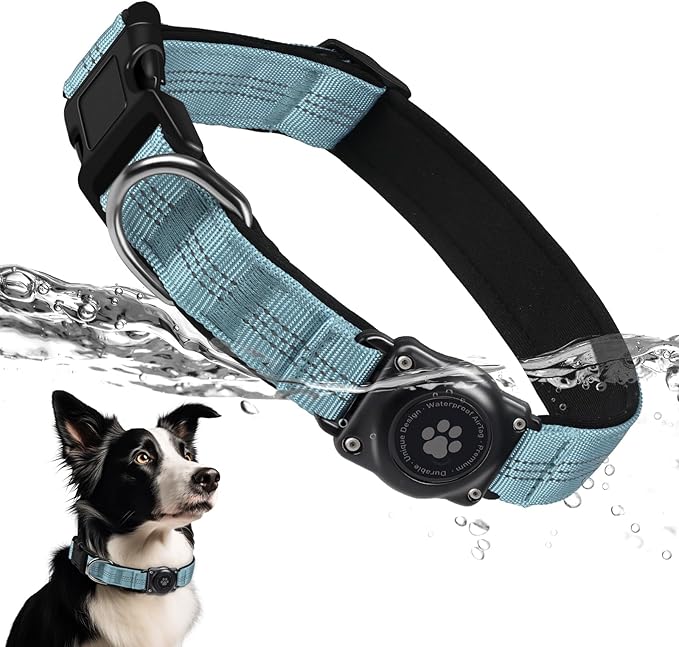 Upgraded AirTag Dog Collar, IP68 Waterproof Air Tag Dog Collar Holder, Reflective, Ultra-Durable, Comfortable Padded, Heavy Duty Dog Collars for Small Medium Large Dogs (XL (15.6"-22"), LightBlue)-Mewly Pet